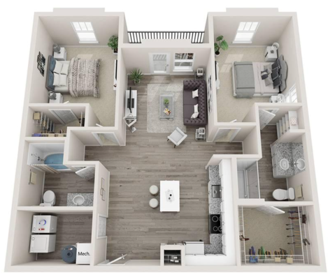 a 3d rendering of a two bedroom apartment at The Novo Sweetwater