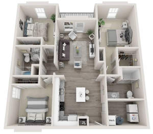 a 3d rendering of a two bedroom apartment at The Novo Sweetwater